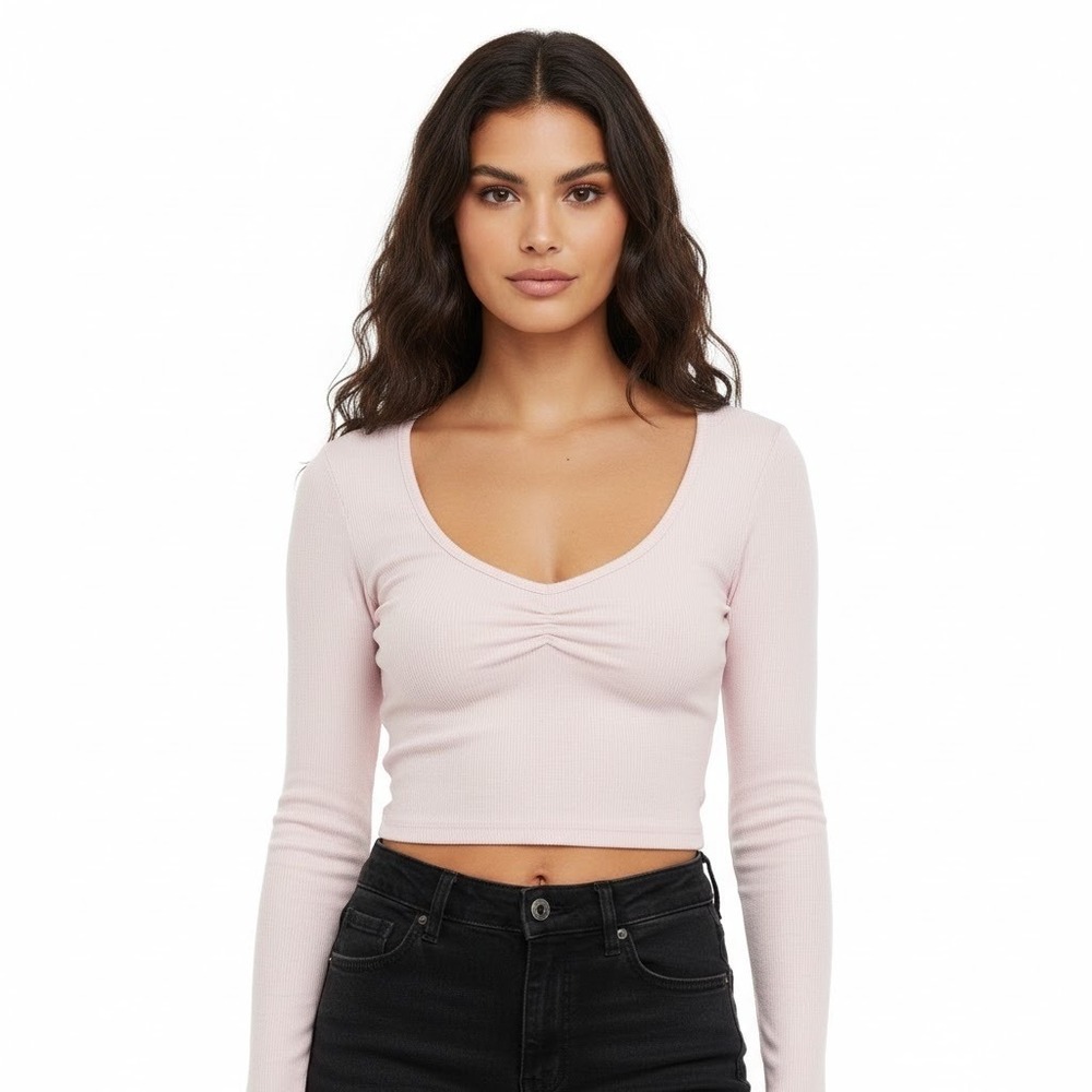 Streetwear Society Ribbed Long‎ Sleeve Cropped Top Pink VNeck Ruched Size XL